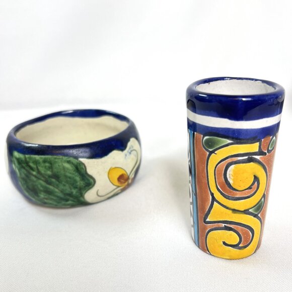 Talavera Mexican Pottery Set Vintage Hand-Painted Shot Glass & Bowl 2 pcs. - Picture 6 of 10